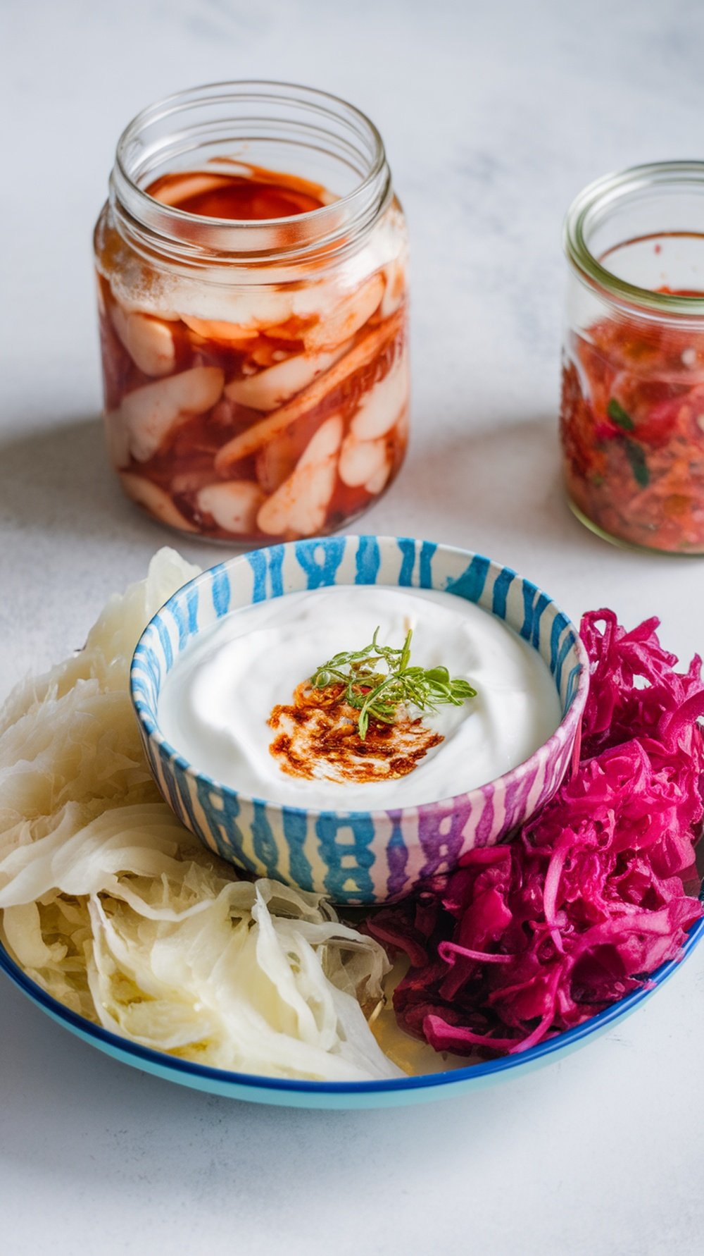 A colorful assortment of probiotic-rich foods including yogurt, sauerkraut, and kimchi.