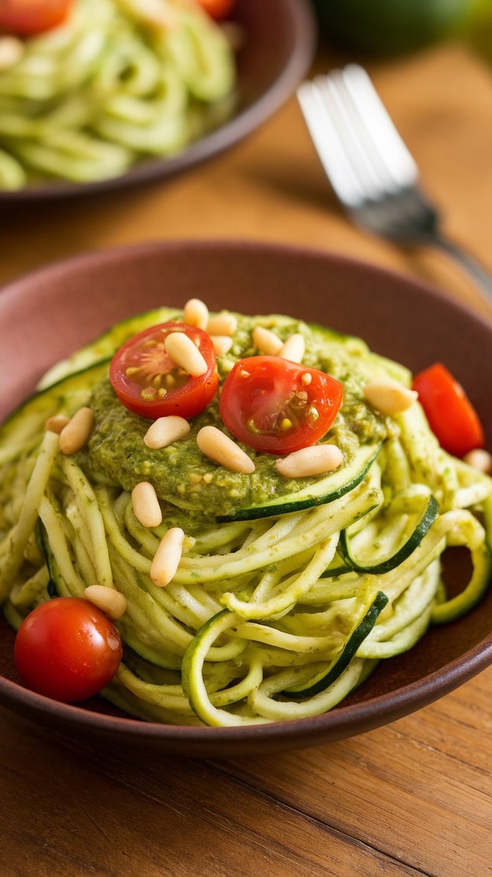 A bowl of zucchini noodles topped with pesto, cherry tomatoes, and pine nuts.