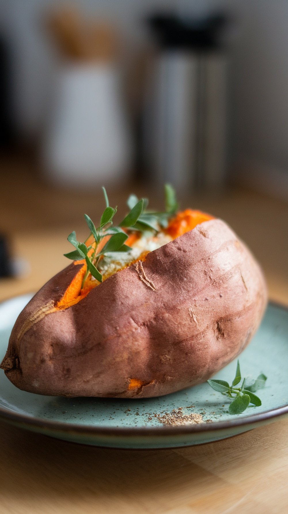 A baked sweet potato topped with fresh herbs on a plate.