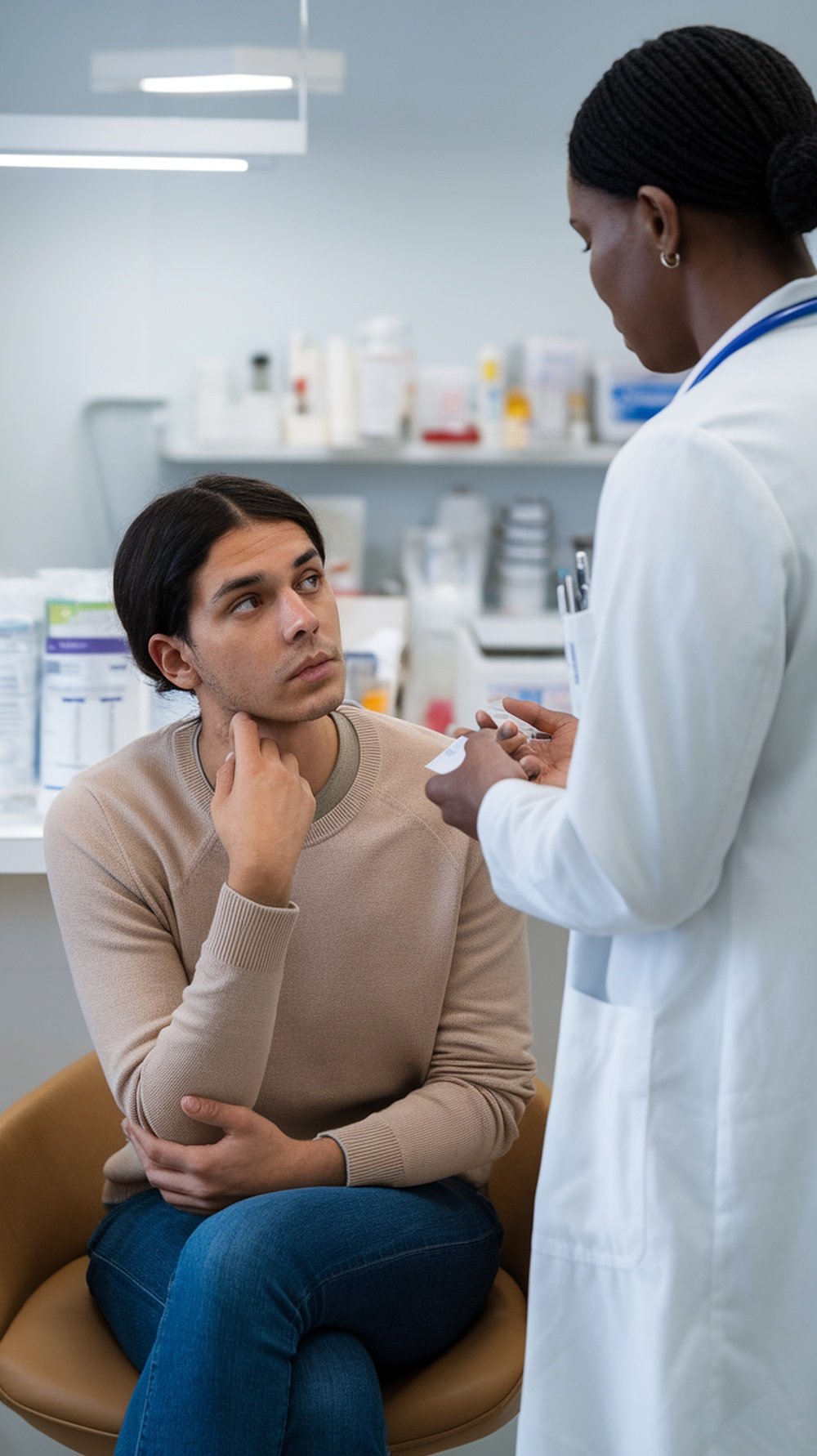 A healthcare professional discussing health concerns with a patient in a clinic.