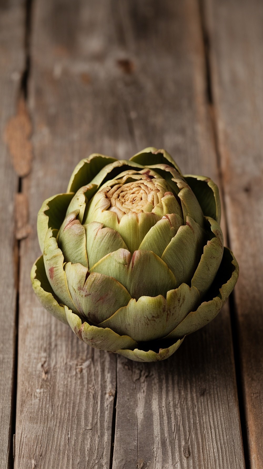 A fresh artichoke on a wooden table