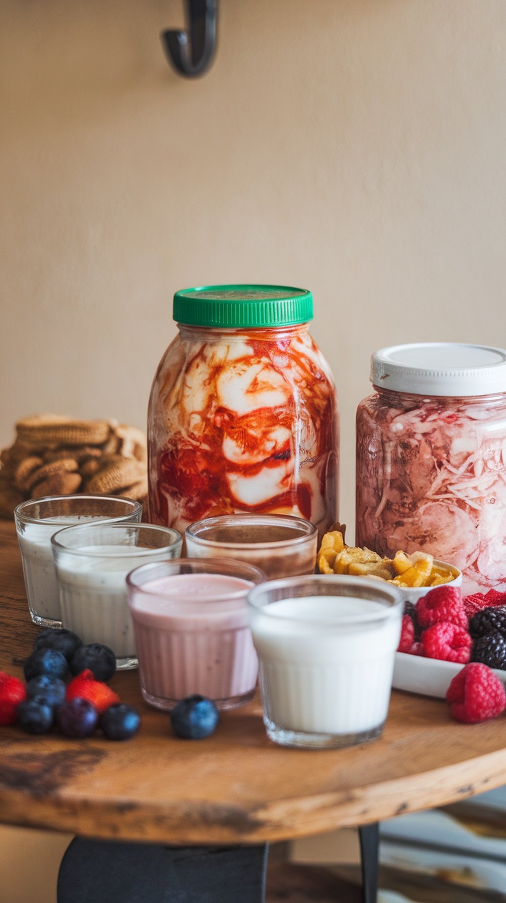 A variety of probiotic foods including yogurt, kimchi, and fresh berries on a wooden table.