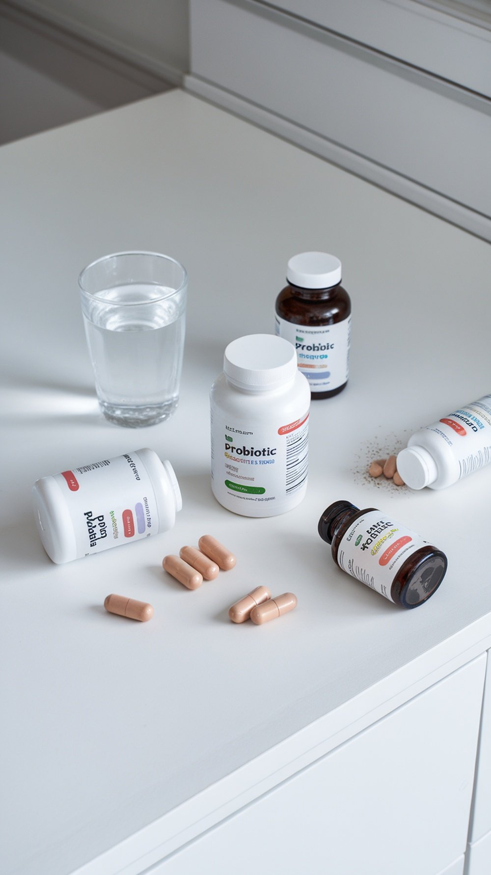 Various probiotic supplements and a glass of water on a table.