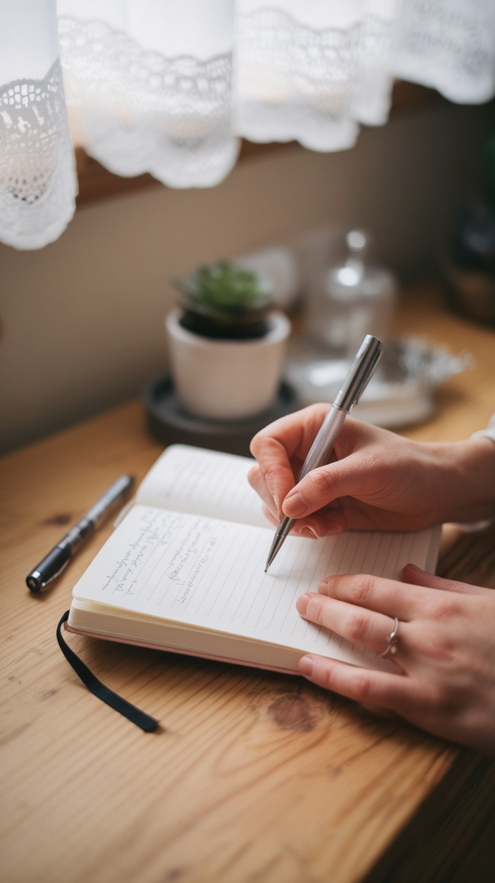 A person writing in a notebook with a pen, focusing on their notes.