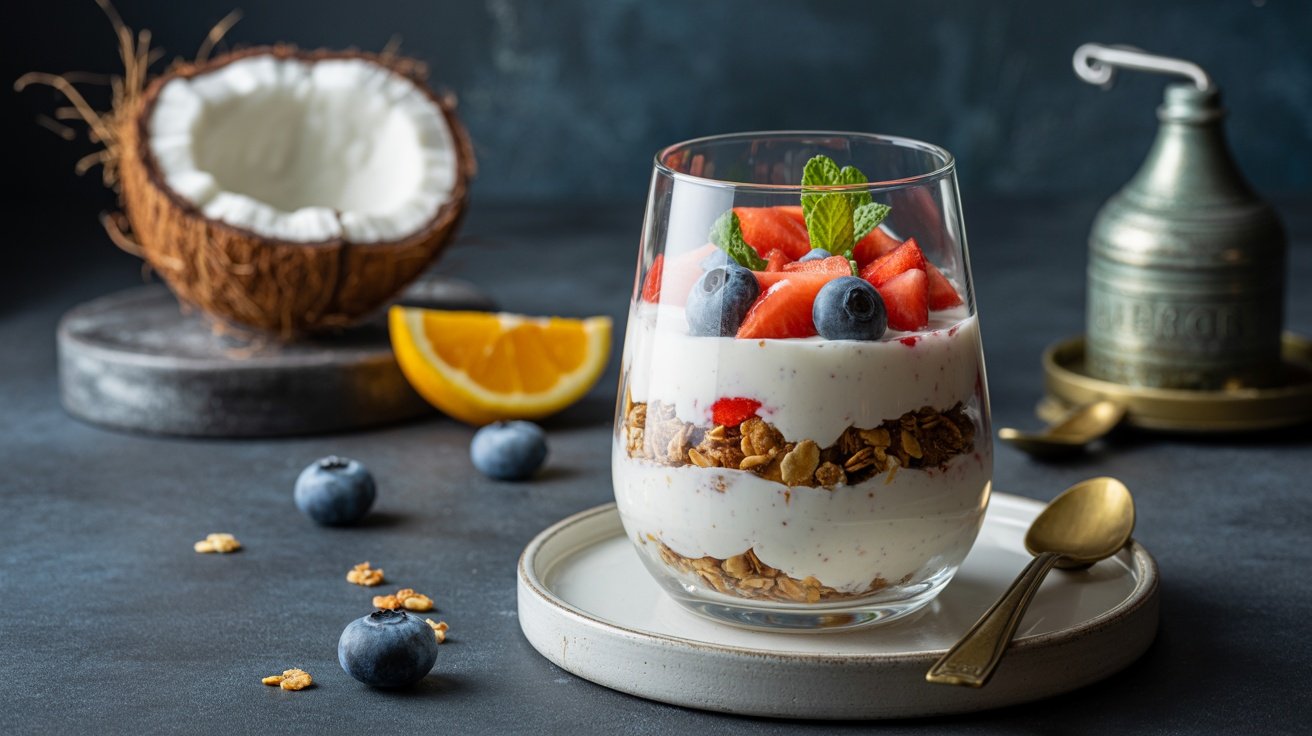 A coconut yogurt parfait layered with granola and fresh berries, garnished with mint leaves and served with a slice of orange.