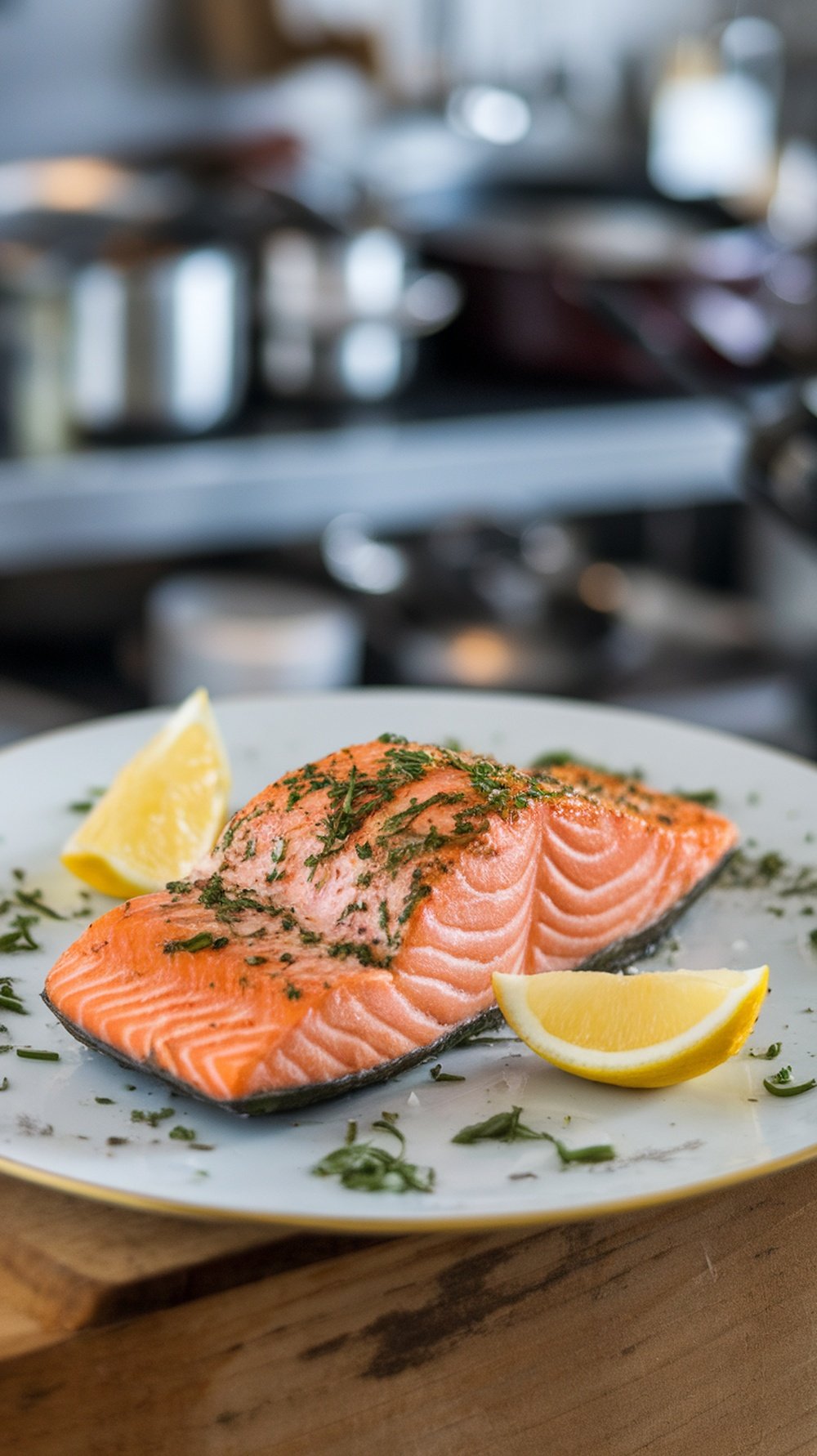 A beautifully cooked salmon fillet garnished with herbs and served with lemon wedges on a plate.