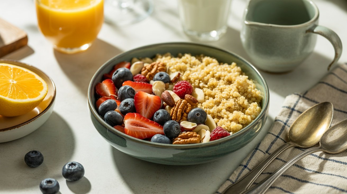 A quinoa breakfast bowl topped with fresh berries and nuts, with a glass of juice in the background.