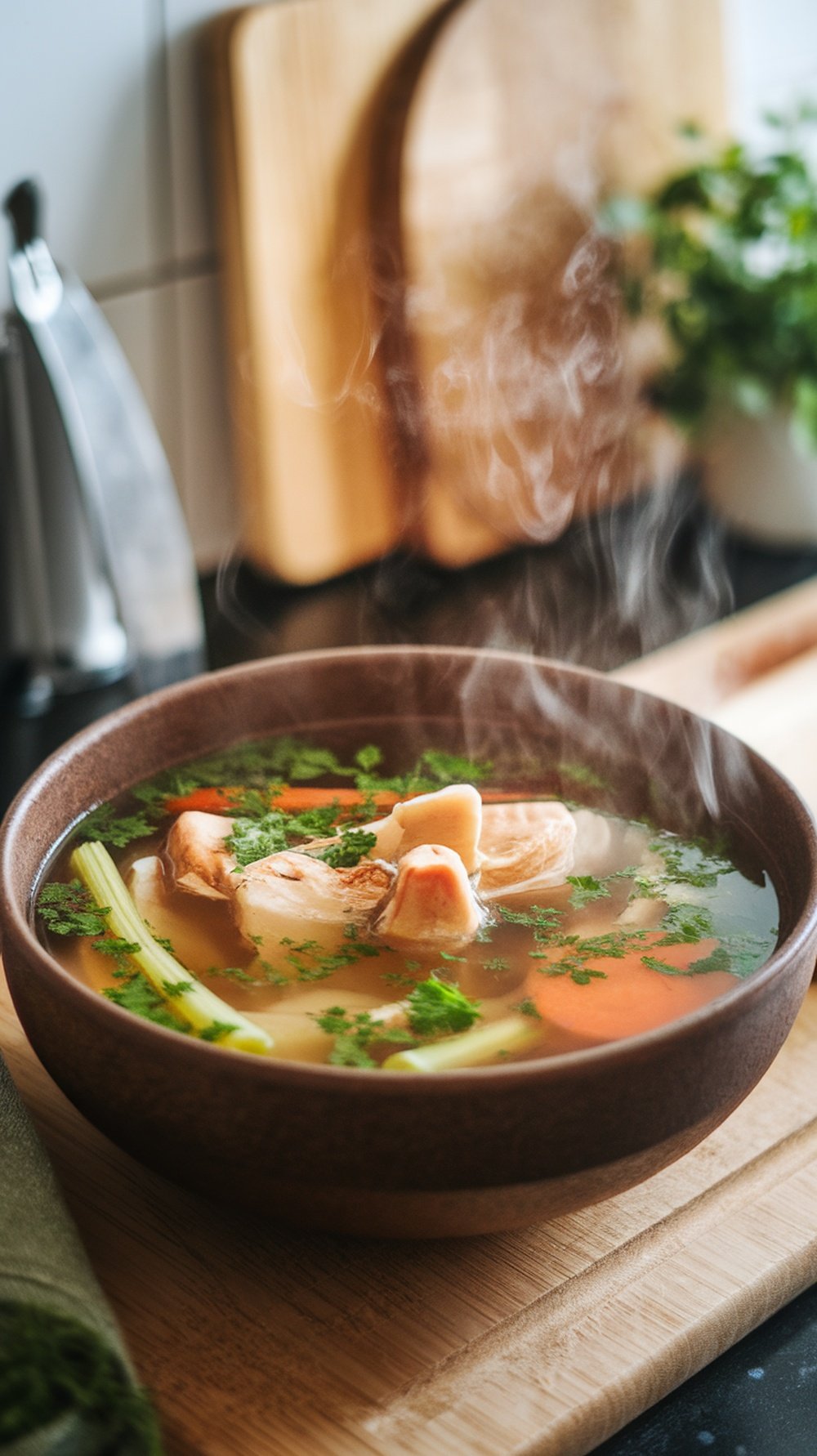 A steaming bowl of bone broth with vegetables and herbs, placed on a wooden surface.