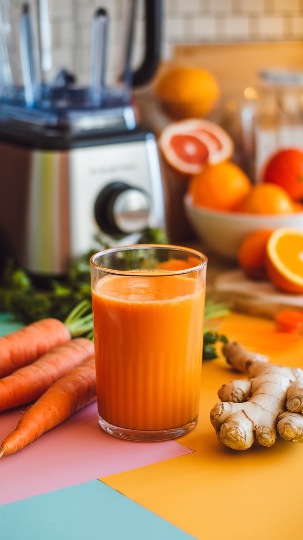 A glass of Carrot Ginger Citrus Revitalizer juice with fresh carrots and ginger in the background.