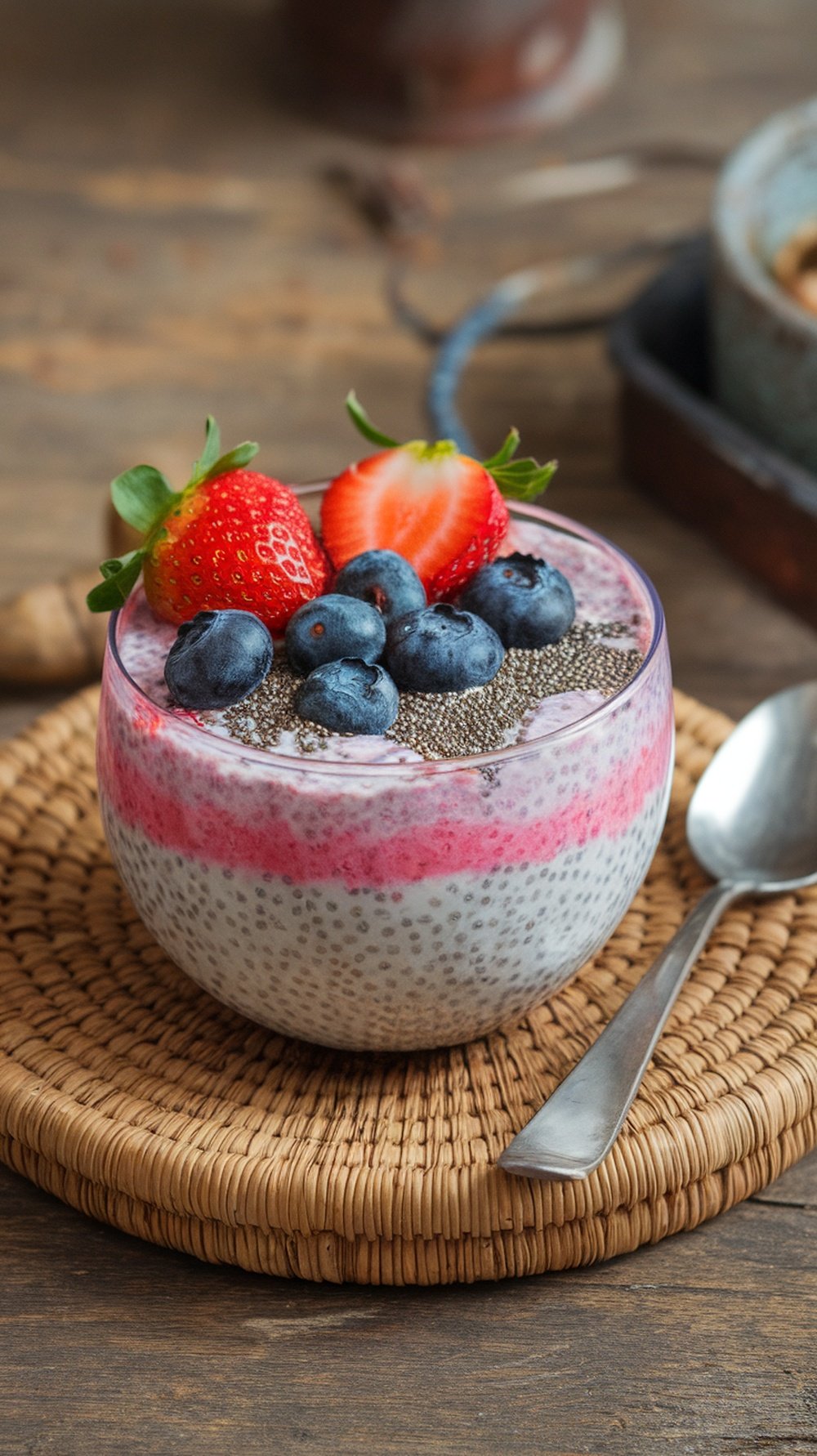 A bowl of overnight oats with chia seeds, topped with strawberries and blueberries, served on a woven mat.