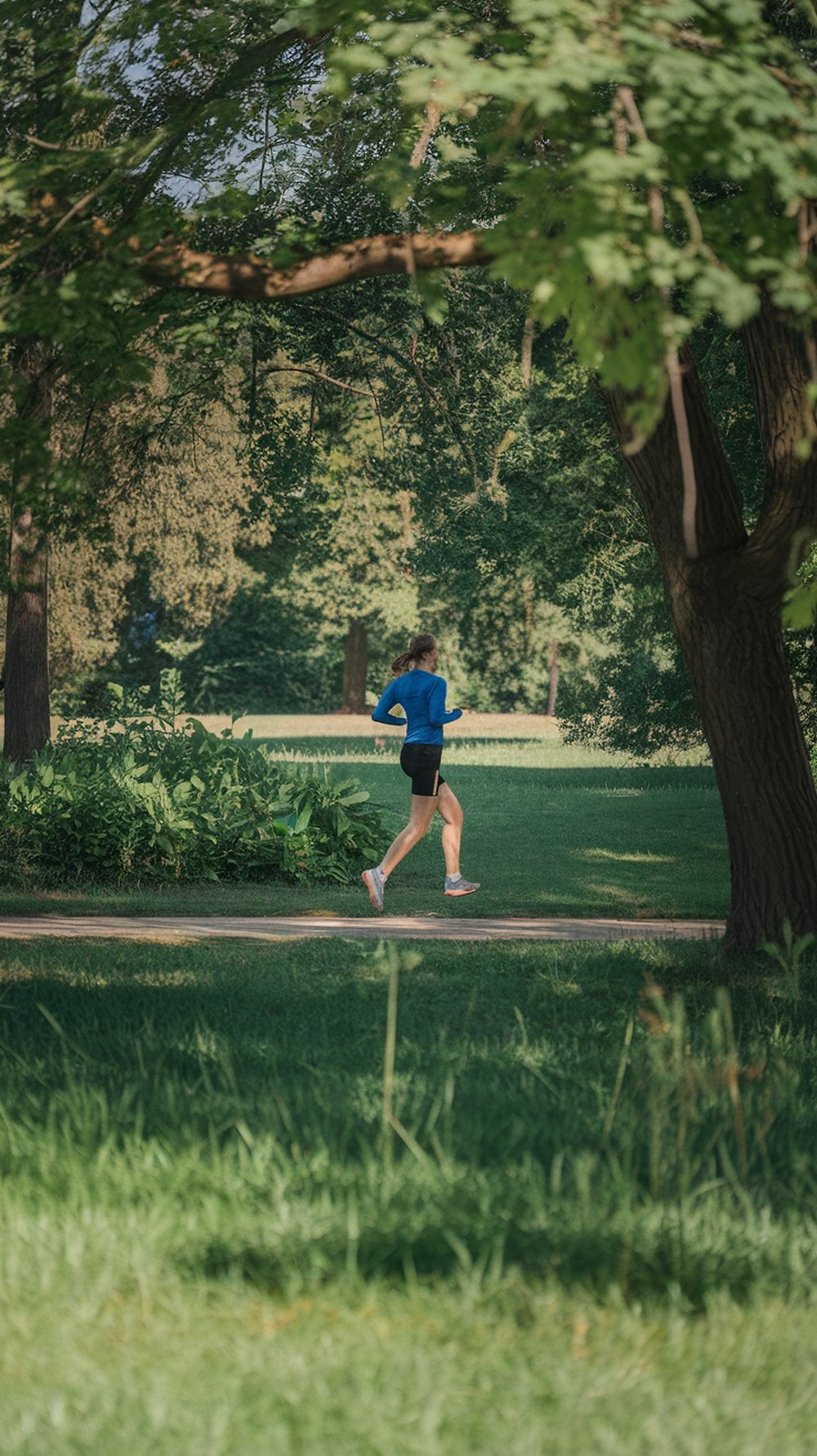A person jogging in a green park, symbolizing the benefits of physical activity for gut health.