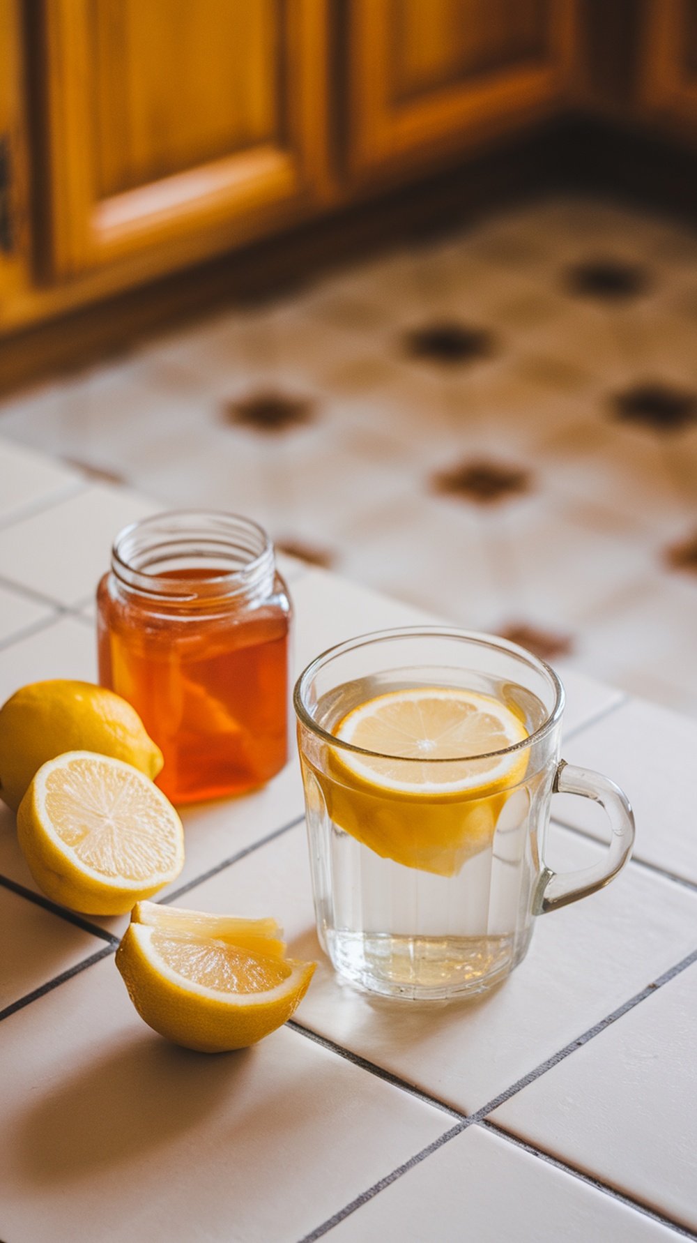 A glass of warm water with lemon slices, a jar of honey, and fresh lemons on a kitchen counter.