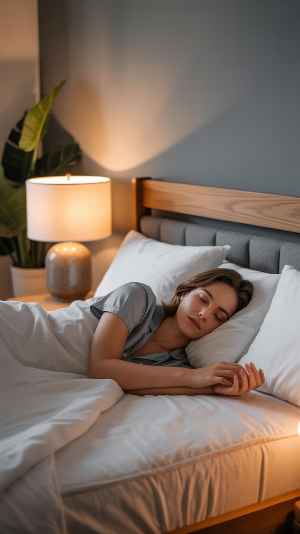 A person sleeping peacefully in a cozy bedroom with soft lighting.