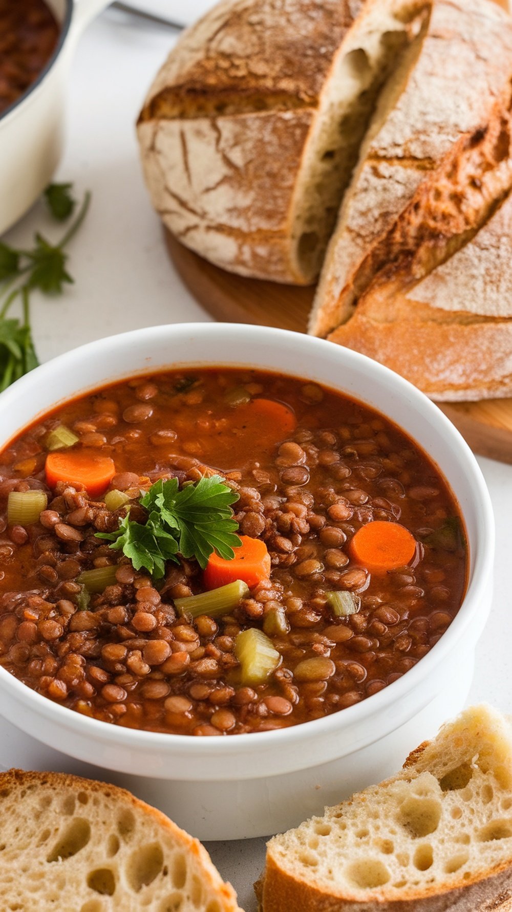 A bowl of lentil soup with carrots and celery, served with slices of crusty bread.