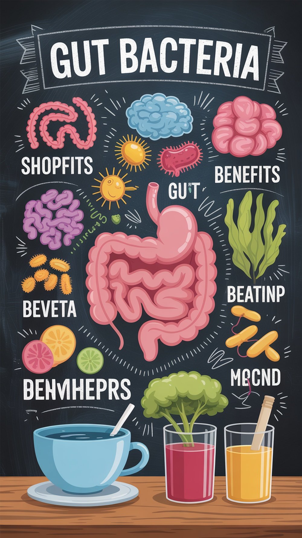 Illustration of gut bacteria with various foods and drinks that support gut health.