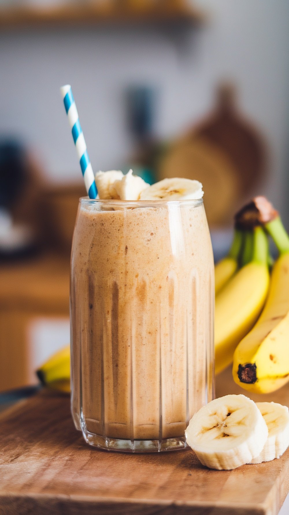 A creamy banana and almond butter smoothie in a glass with a striped straw, surrounded by fresh bananas.