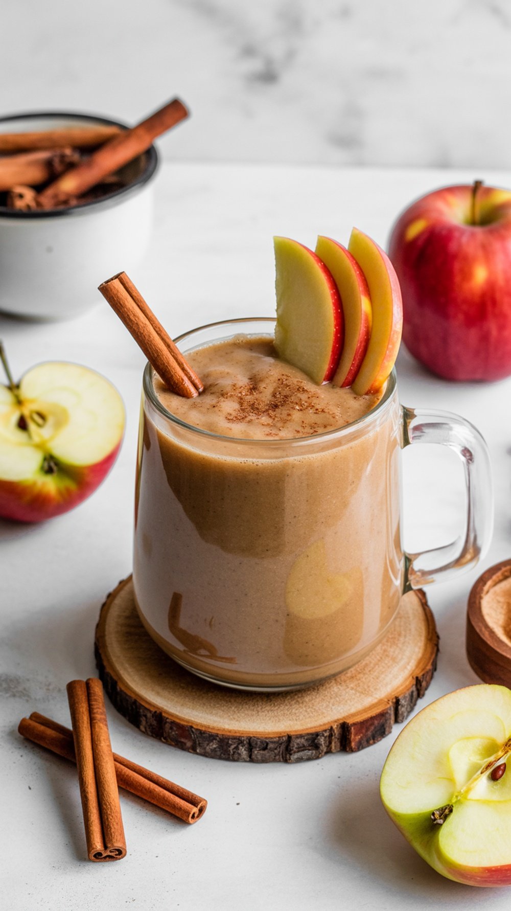 A smoothie in a glass topped with apple slices and cinnamon sticks, surrounded by fresh apples and cinnamon.