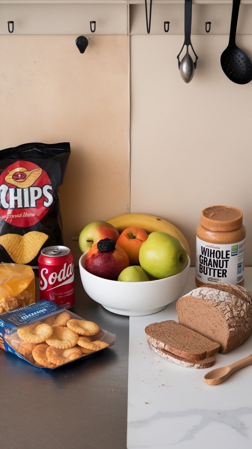 A kitchen scene showing a mix of processed foods like chips and soda alongside fresh fruits and whole grain bread.