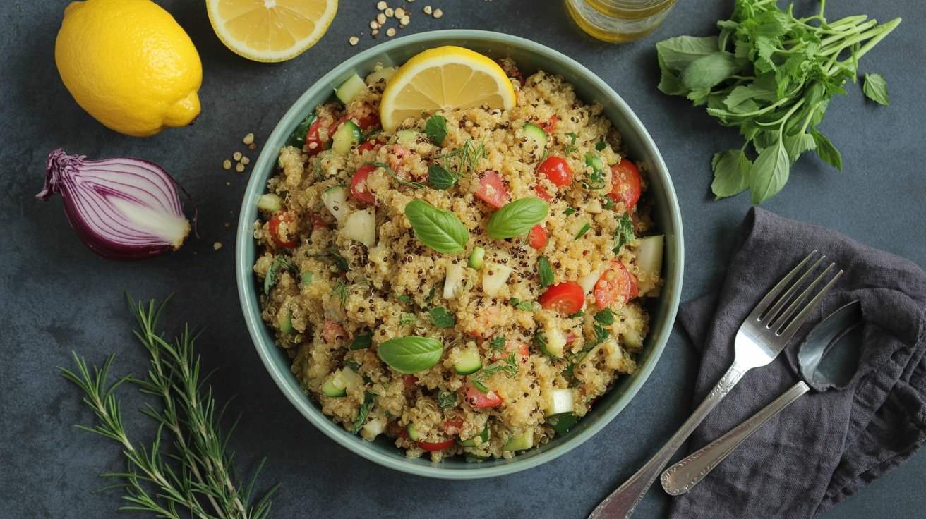 A bowl of lemon herb quinoa salad with fresh vegetables and herbs, garnished with lemon slices.