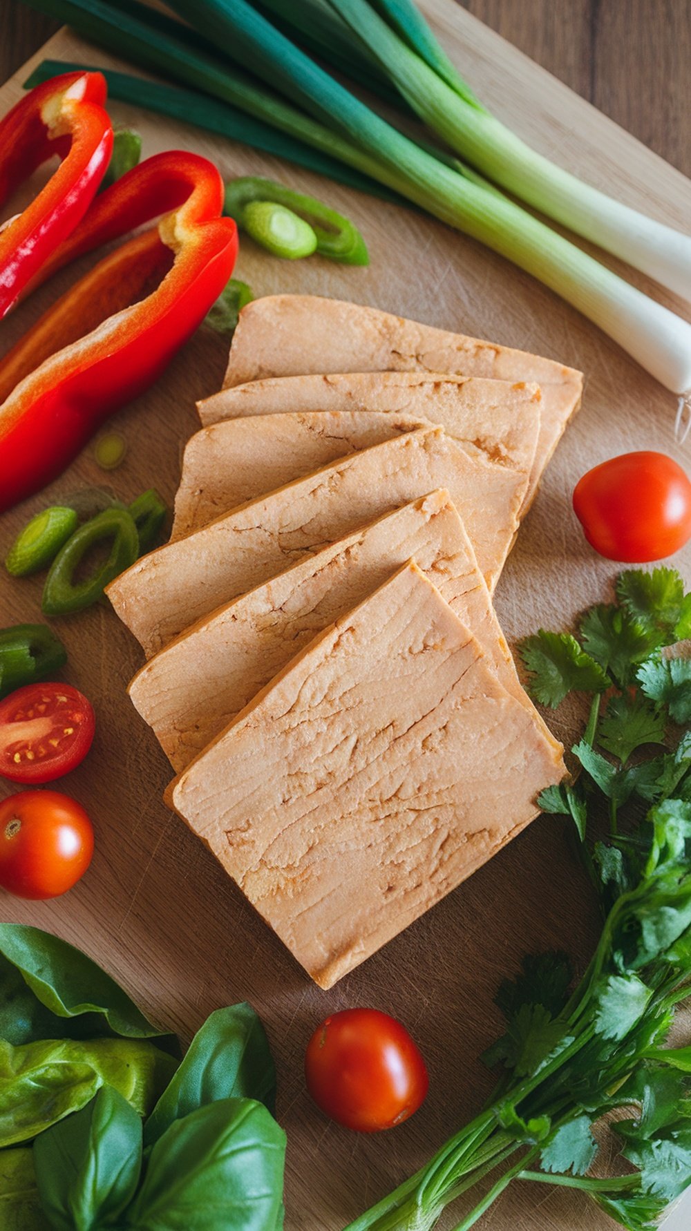 Slices of tempeh with fresh vegetables including red bell peppers, green onions, and cherry tomatoes on a wooden cutting board.