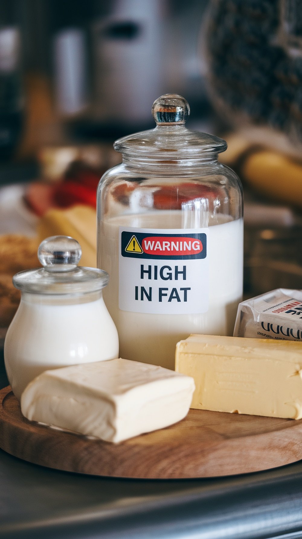 Various high-fat dairy products including milk and butter, labeled with a warning about high fat content.