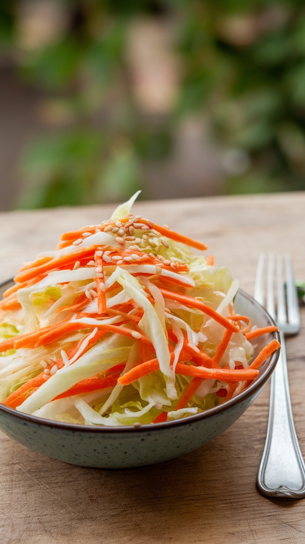 A bowl of cabbage and carrot slaw with sesame seeds on top, placed on a wooden surface.