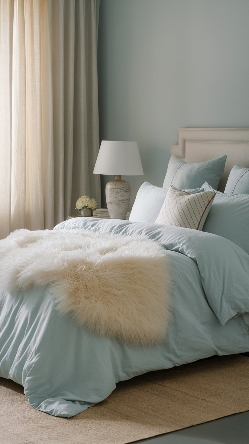 A cozy bedroom with soft bedding and warm lighting, creating a peaceful atmosphere for sleep.