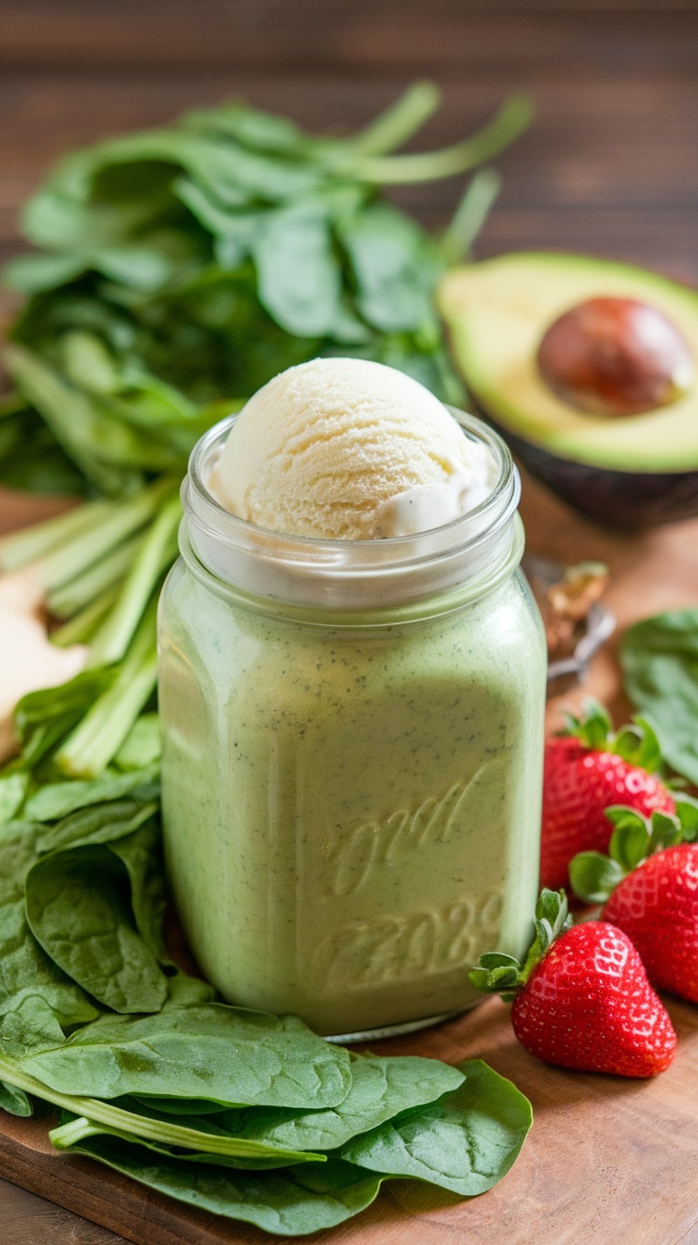 A green smoothie in a jar with spinach, avocado, strawberries, and a scoop of ice cream on top.