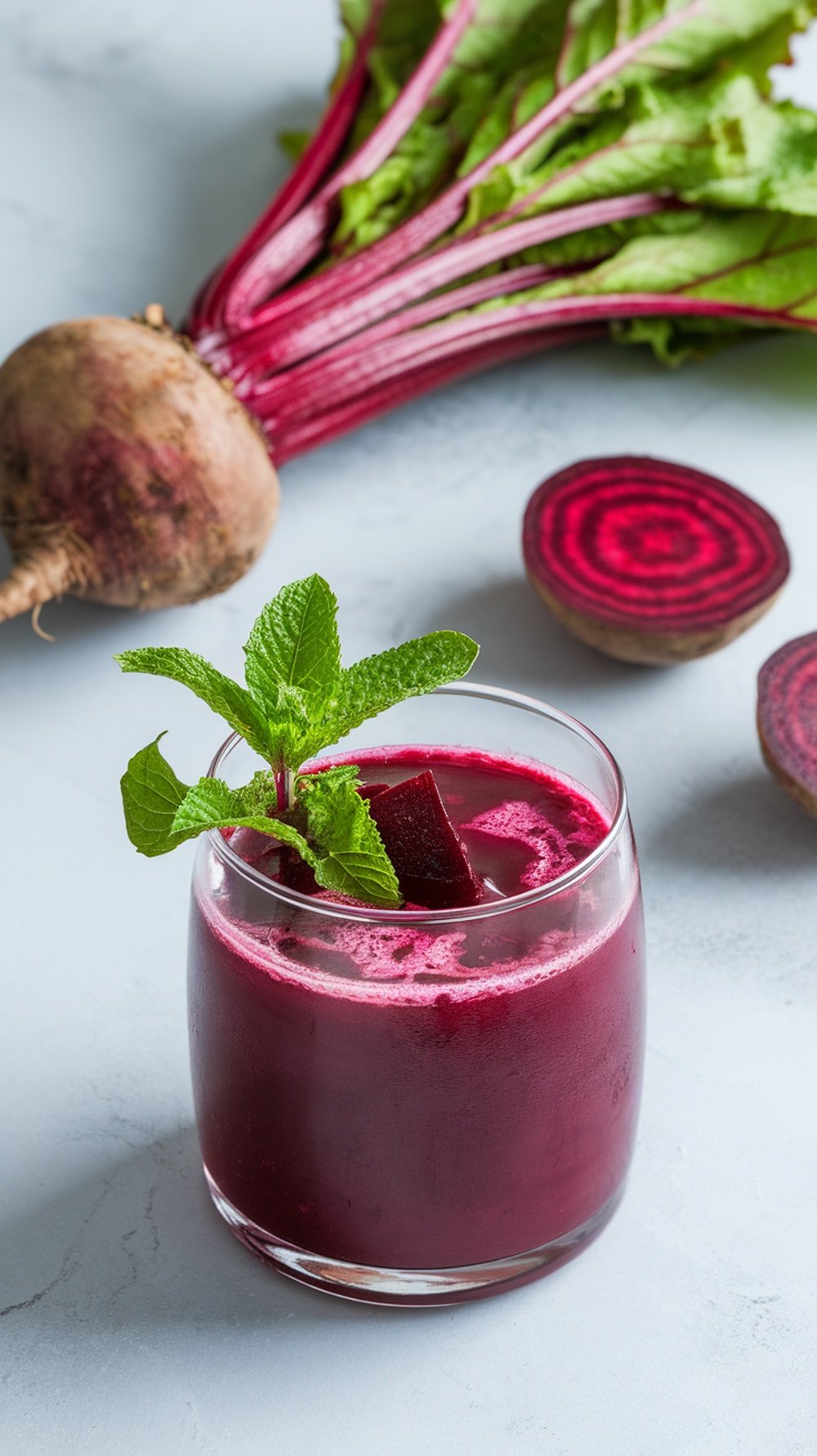 A glass of beetroot juice garnished with mint leaves, with fresh beetroots and mint in the background.
