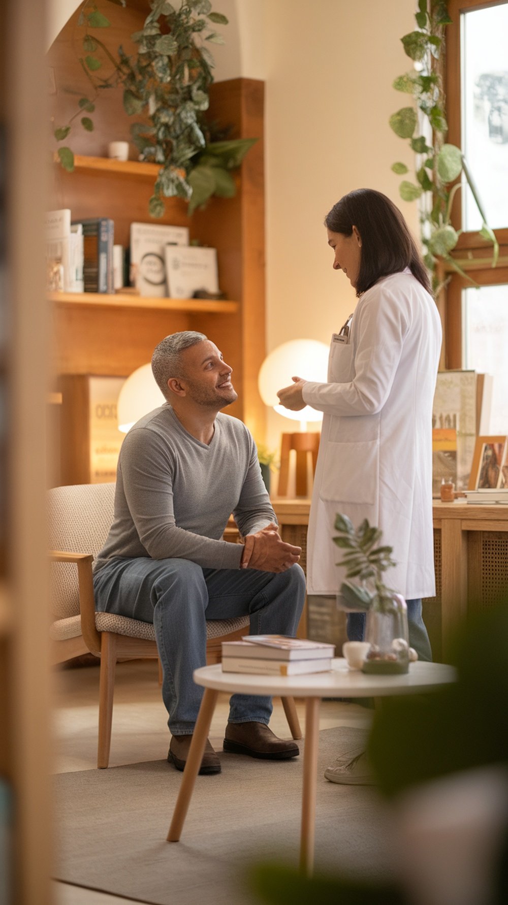 A healthcare professional consulting with a patient in a warm and inviting setting.