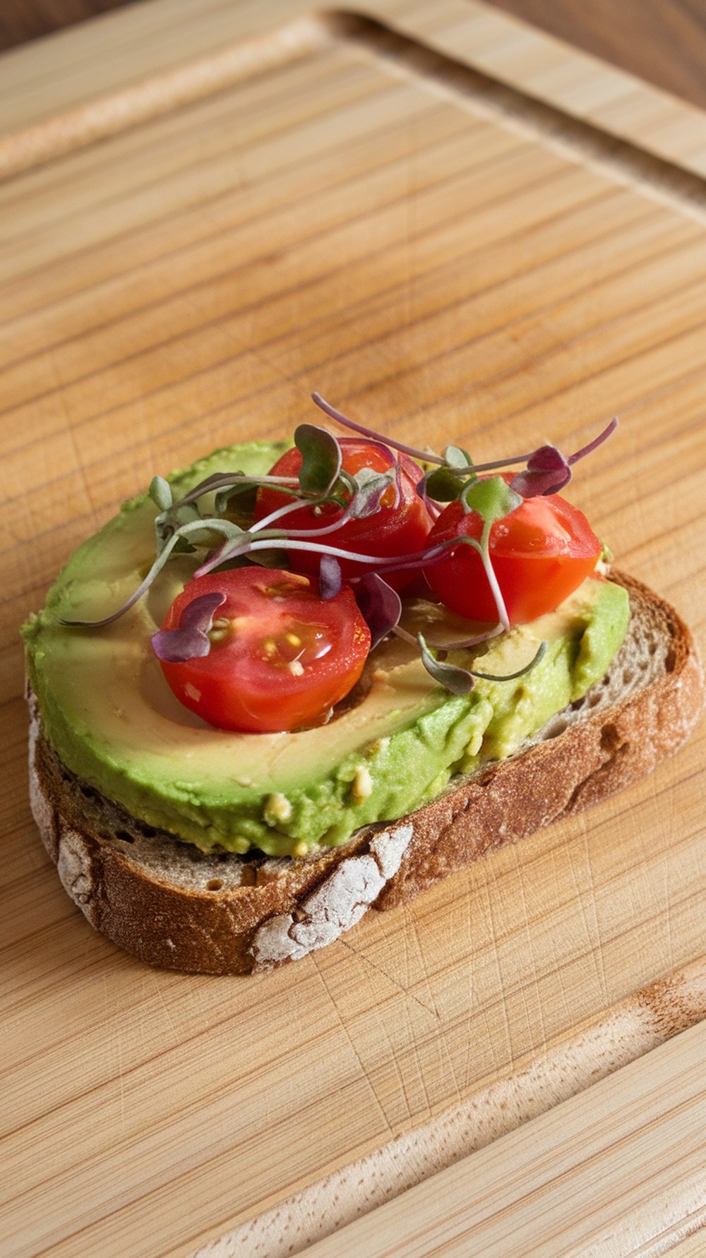 A slice of whole grain avocado toast topped with cherry tomatoes and microgreens on a wooden cutting board.