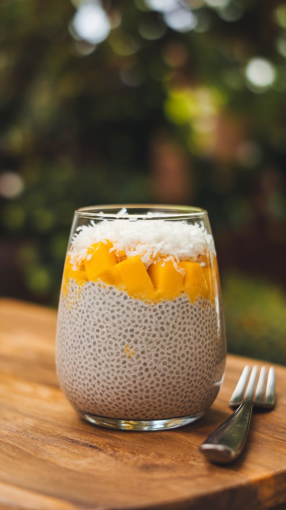 A glass of chia seed pudding topped with mango and coconut, sitting on a wooden table.