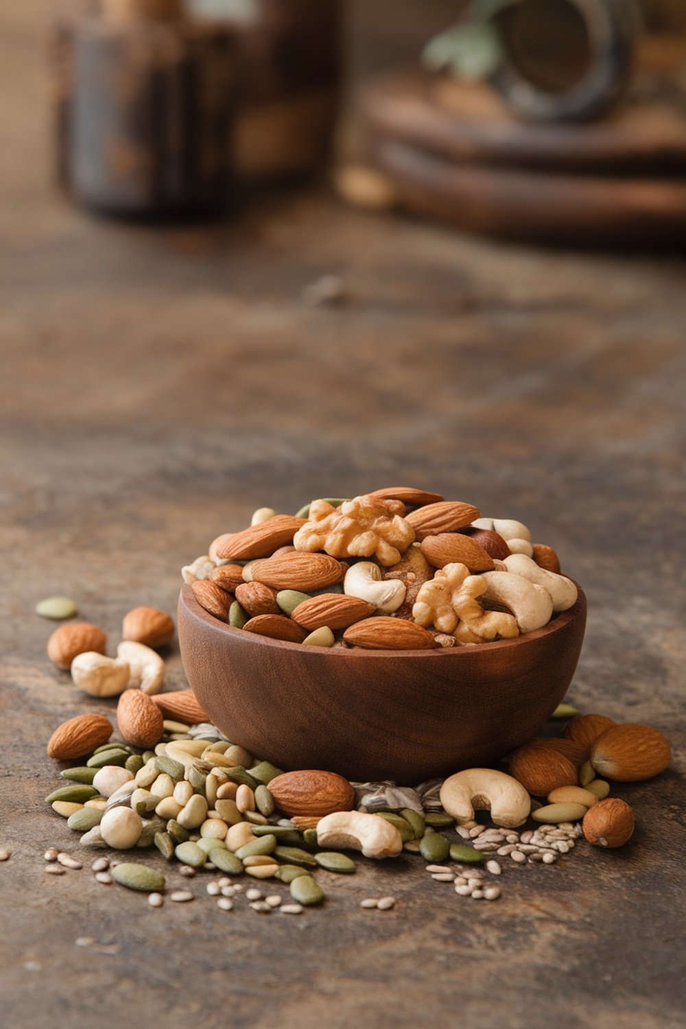 A wooden bowl filled with a variety of nuts and seeds, including almonds, walnuts, cashews, and pumpkin seeds, on a rustic surface.