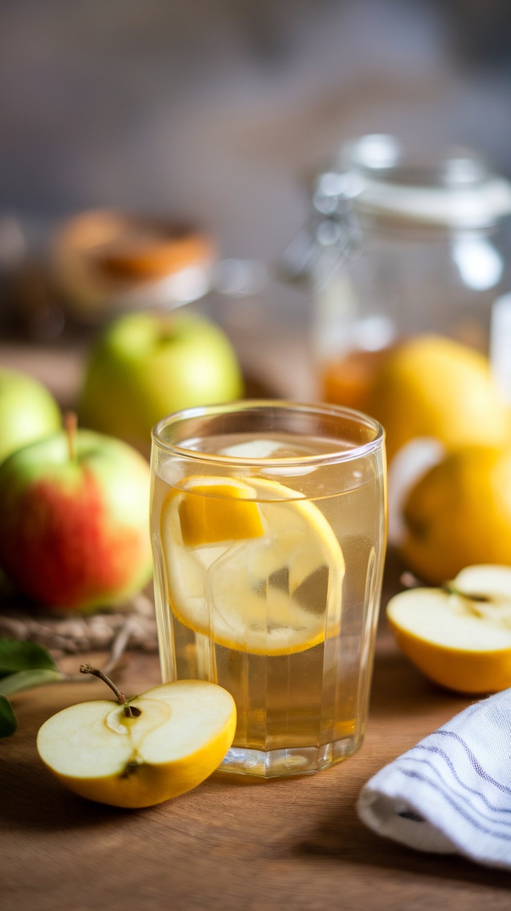 A glass of apple cider vinegar tonic with lemon slices, surrounded by fresh apples.