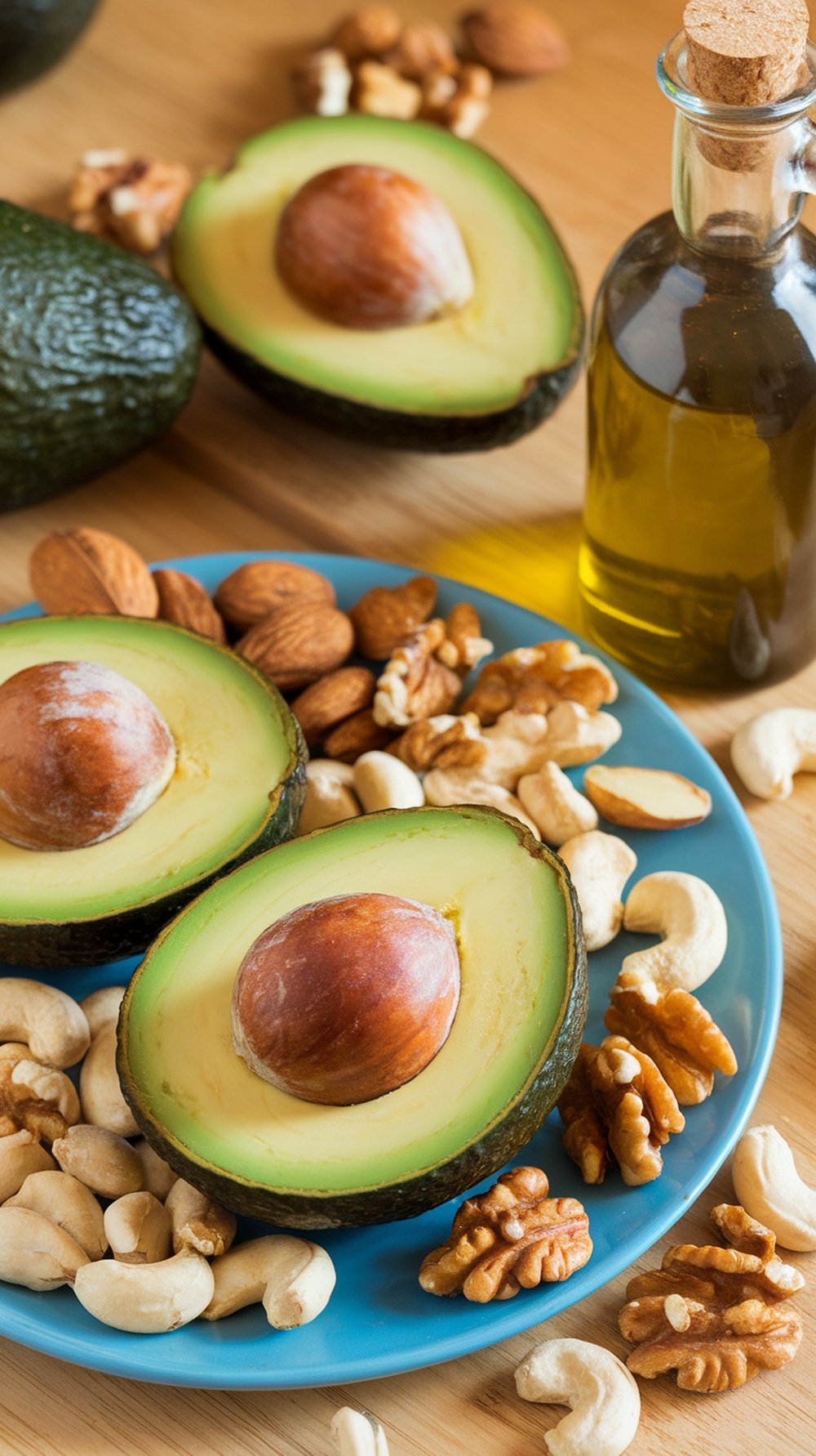 A plate of sliced avocados, various nuts, and a bottle of olive oil, showcasing healthy fats.