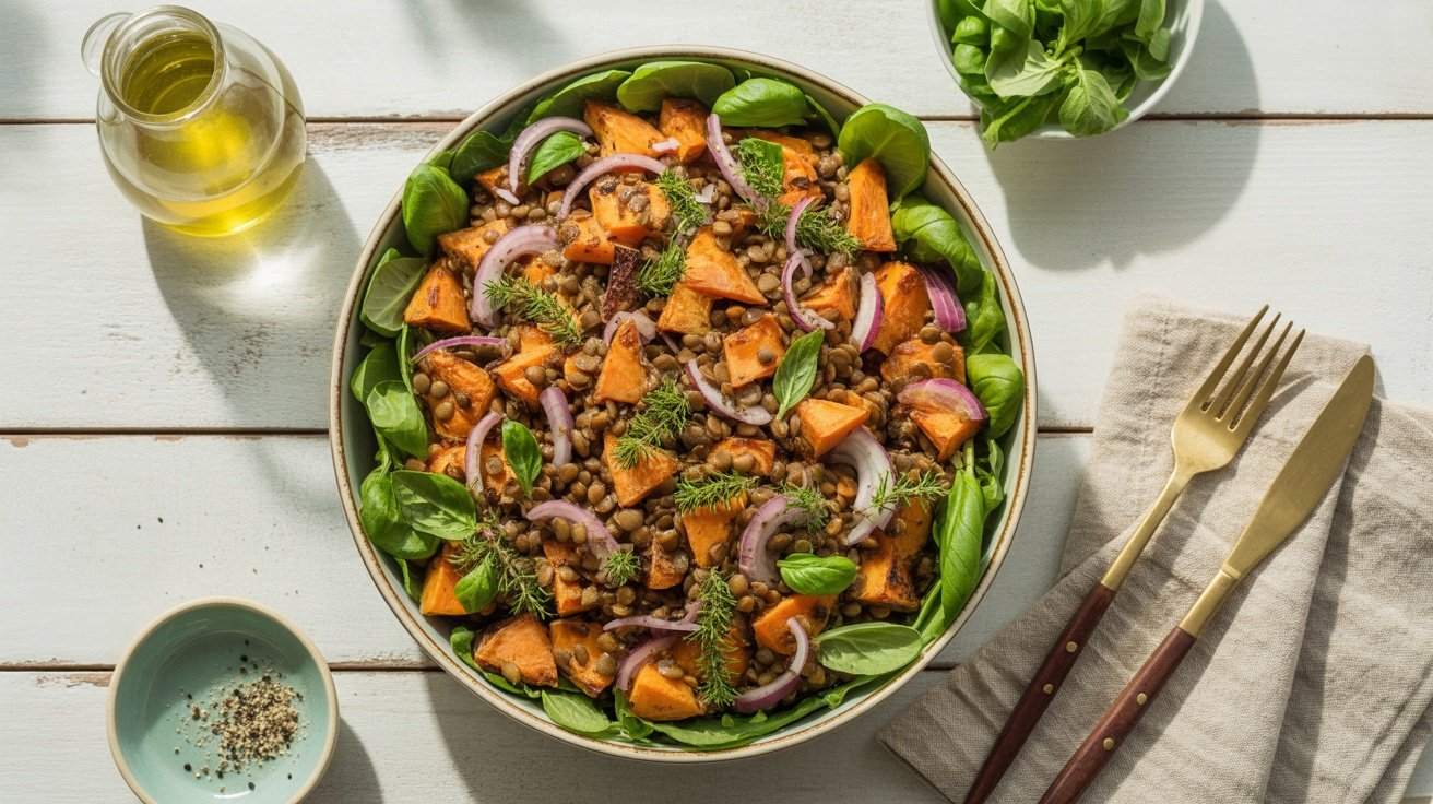 A colorful bowl of lentil and sweet potato salad with fresh greens and herbs.
