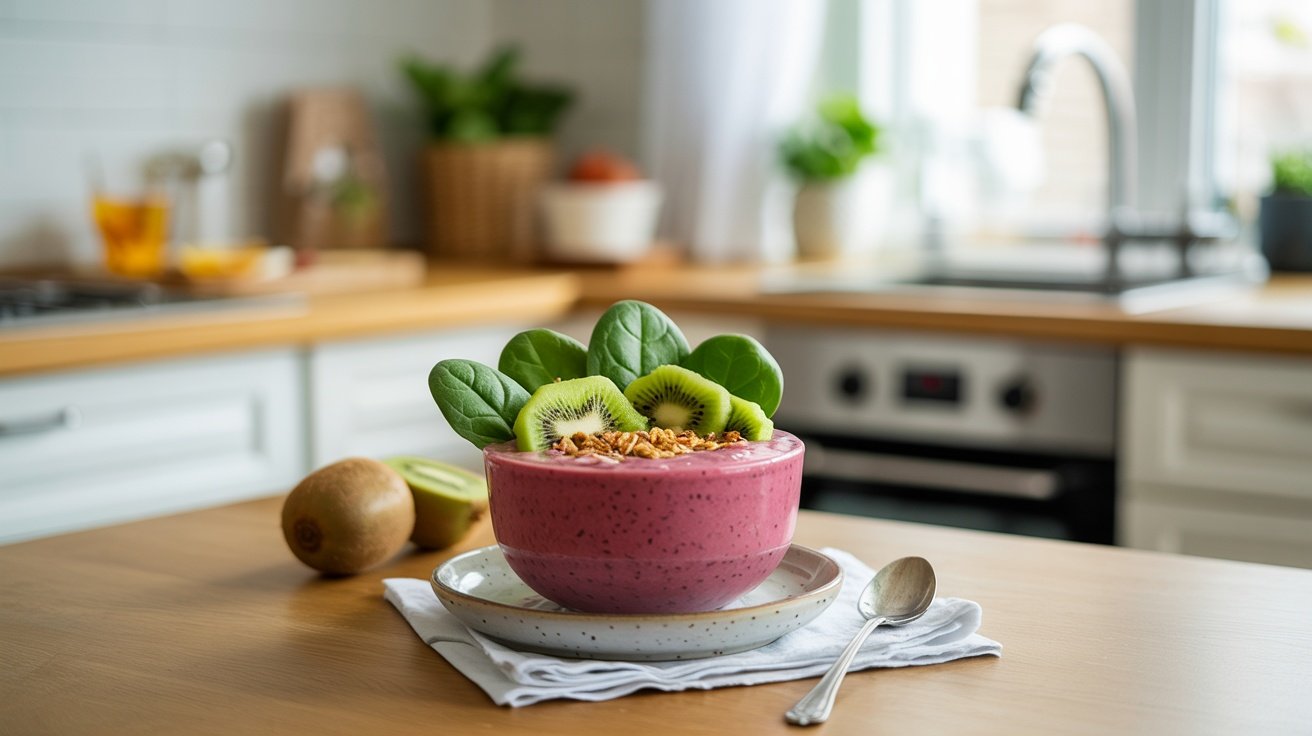 A smoothie bowl topped with kiwi slices and spinach leaves, placed on a wooden countertop in a bright kitchen.