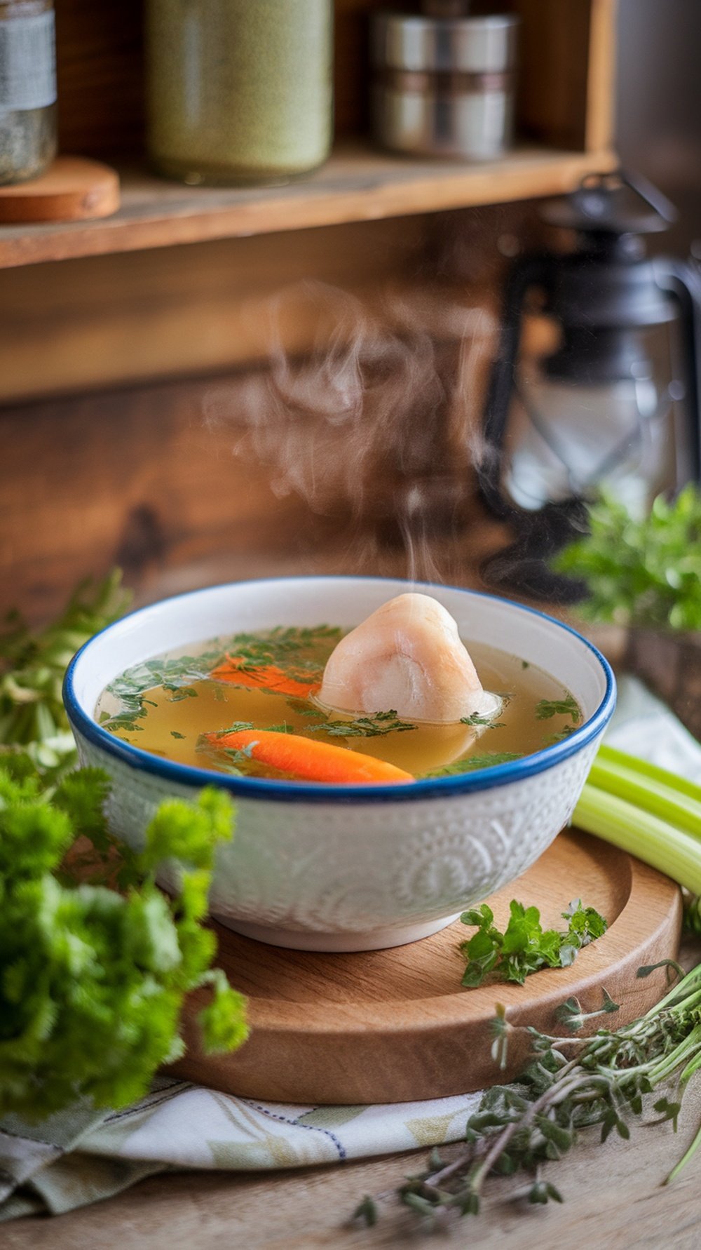 A steaming bowl of bone broth with carrots and herbs on a wooden surface