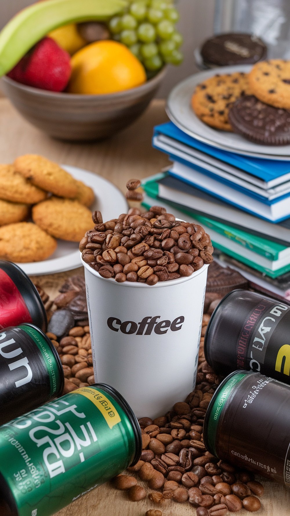 A coffee cup filled with coffee beans, surrounded by cans of caffeinated drinks and cookies.