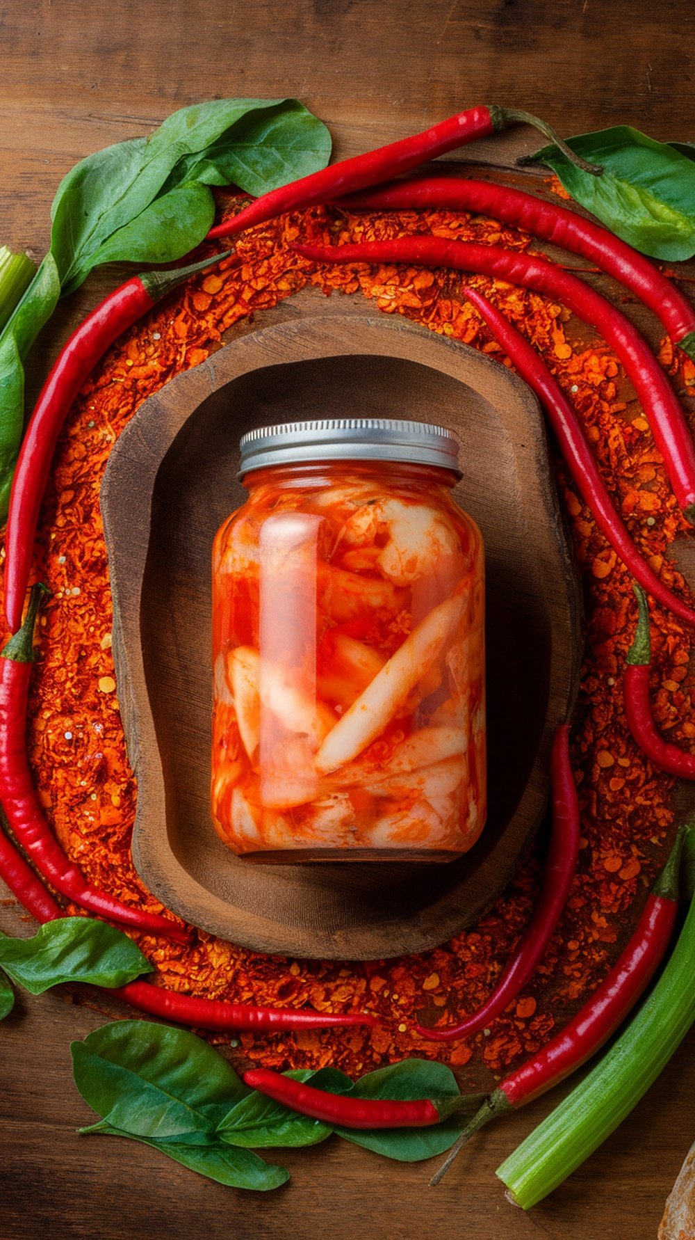 A jar of kimchi surrounded by red chilies and greens on a wooden surface.