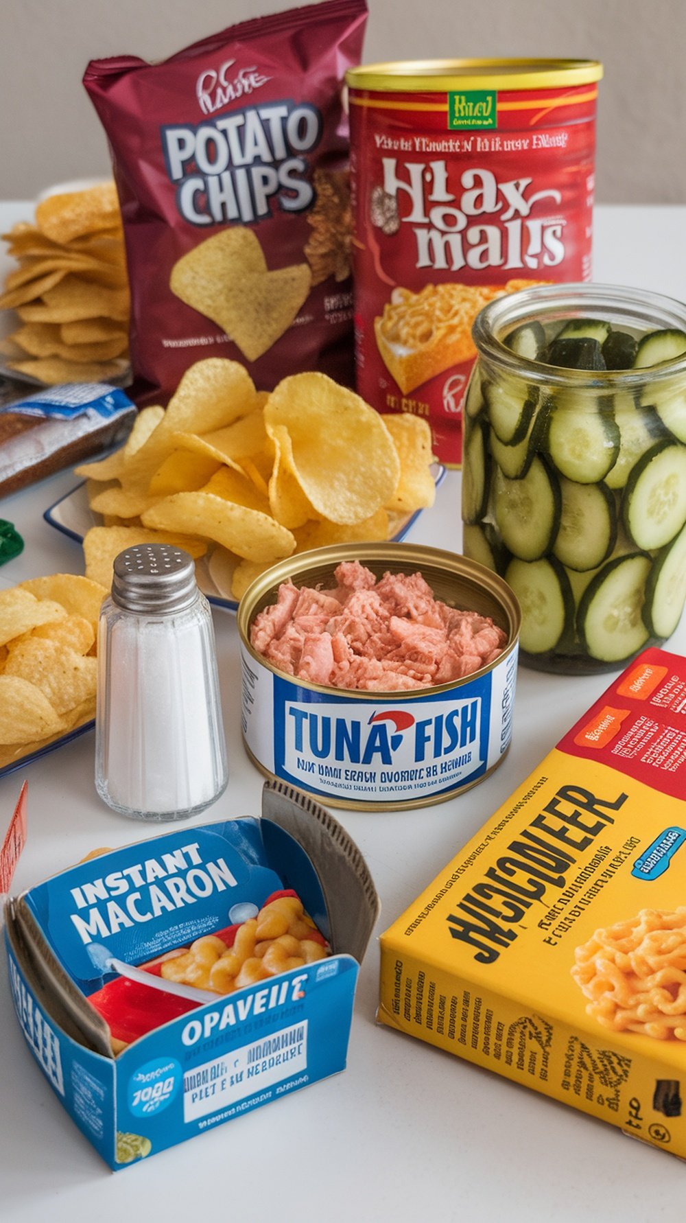 An assortment of high-sodium foods including potato chips, canned tuna, instant macaroni, and pickles.