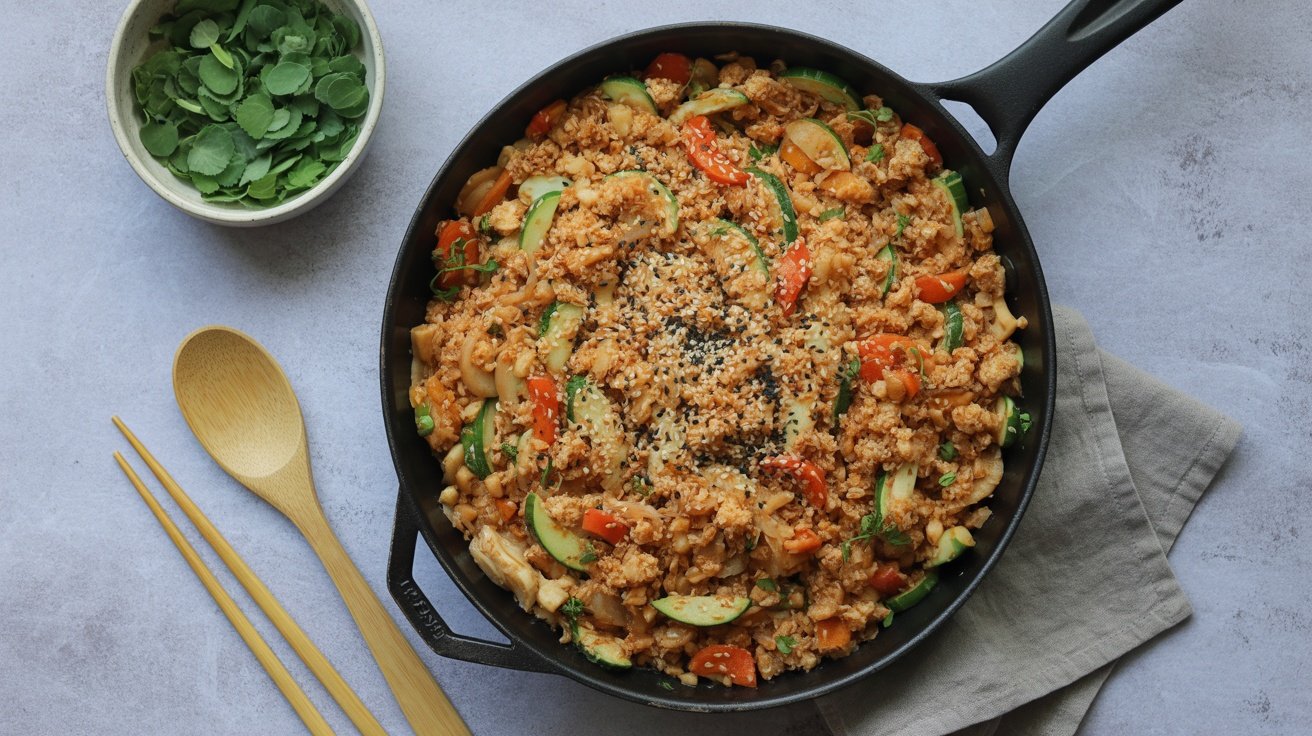 A colorful cauliflower rice stir-fry with vegetables and sesame seeds in a skillet.