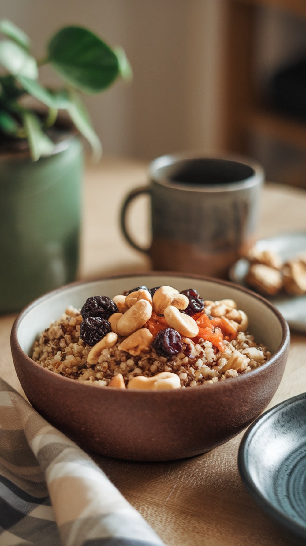 A quinoa breakfast bowl topped with nuts and dried fruits, with a green plant and coffee cup in the background.