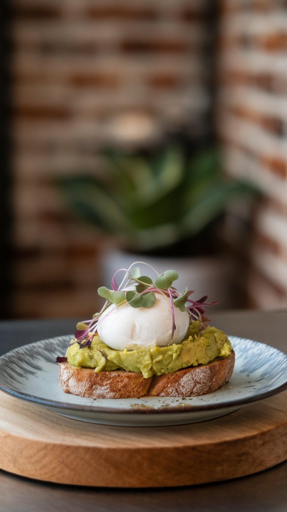 A plate of avocado toast topped with a poached egg and microgreens, set against a blurred background.