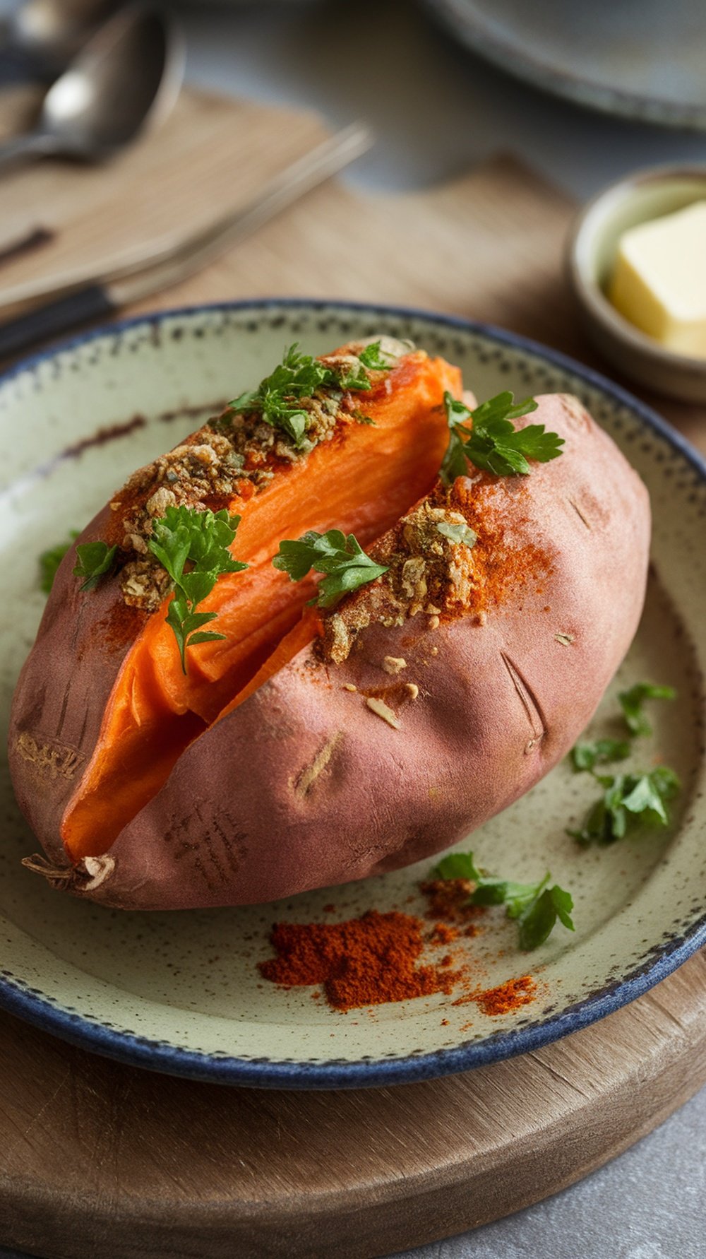 A baked sweet potato topped with herbs and spices on a plate