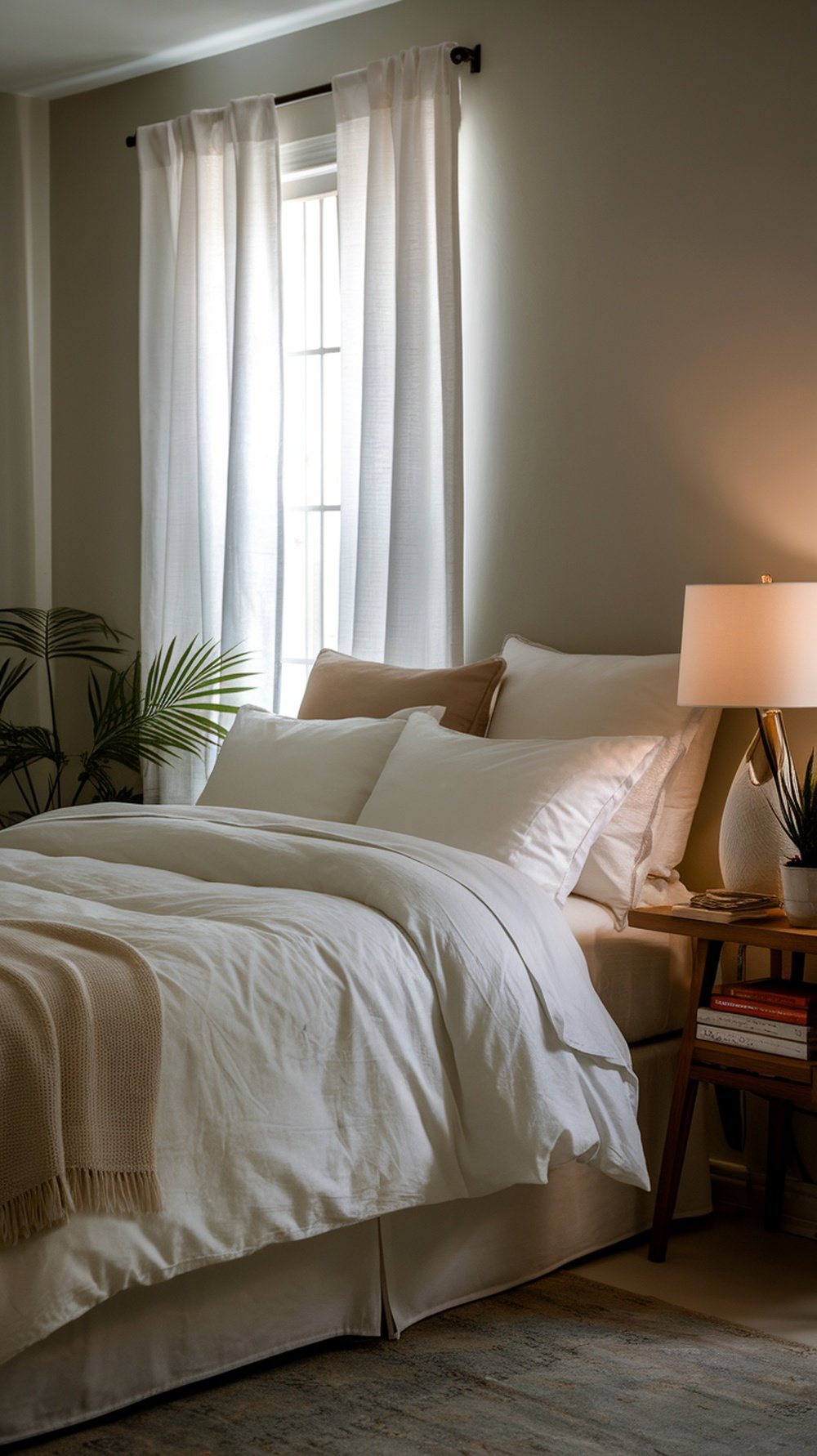 A cozy bedroom with soft bedding and gentle lighting, creating a peaceful atmosphere for sleep.