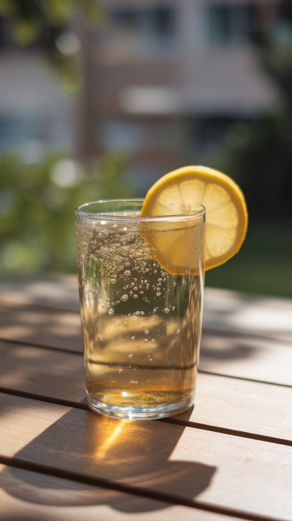 A glass of kombucha with bubbles and a lemon slice on a wooden table