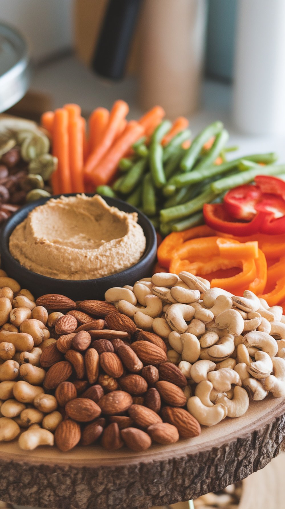 A colorful platter featuring fresh vegetables like carrots, green beans, and bell peppers, accompanied by a bowl of hummus and a variety of nuts.