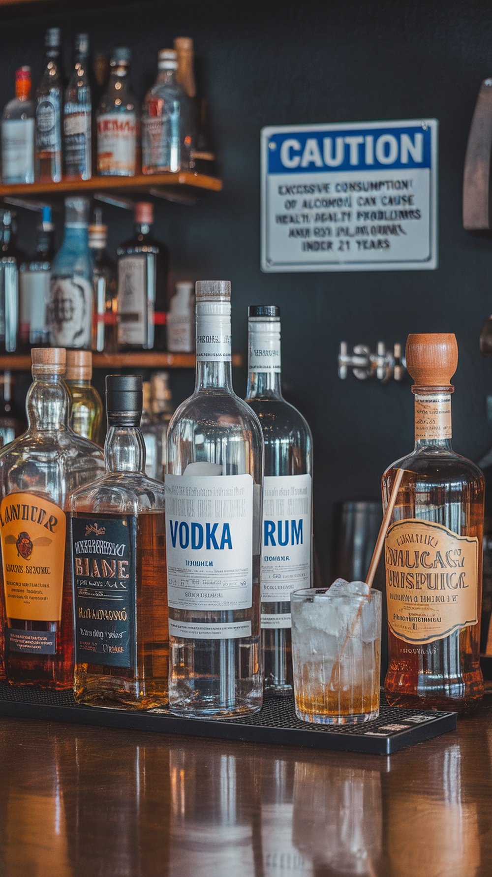 A bar shelf displaying various bottles of alcohol with a caution sign about excessive consumption.