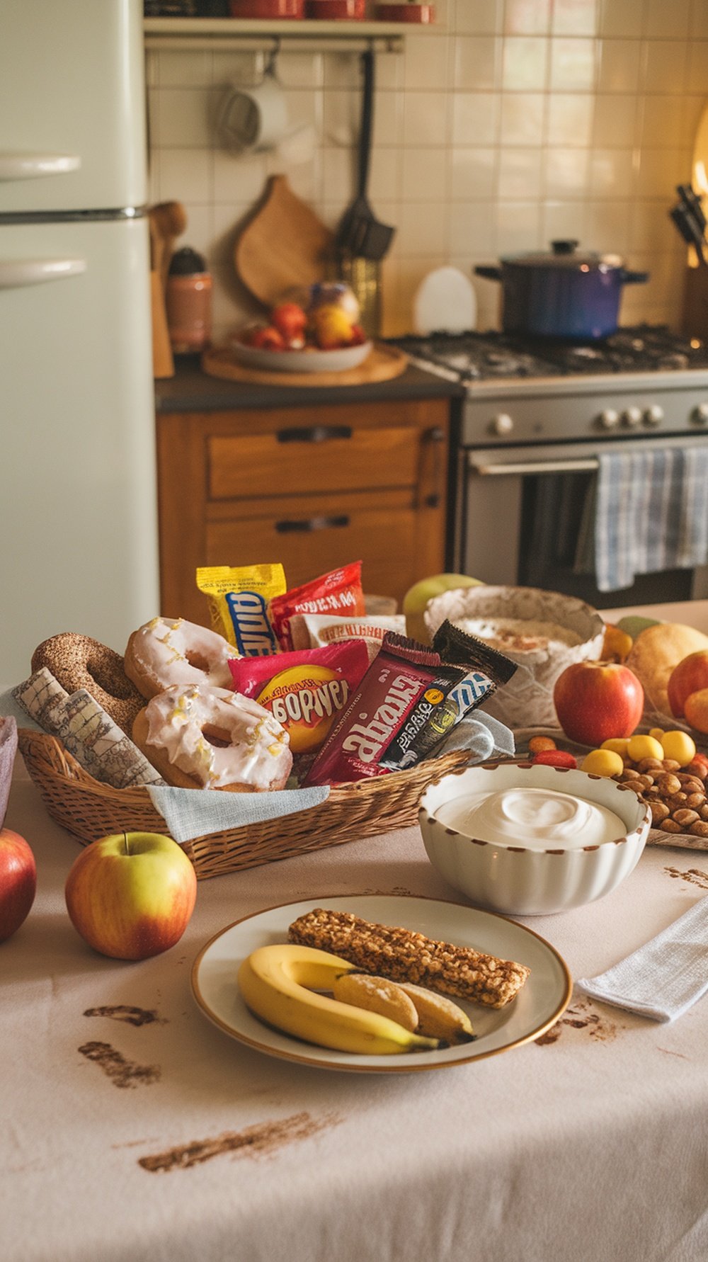 A cozy kitchen table with a variety of snacks, fruits, and a bowl of yogurt, highlighting the contrast between healthy and sugary options.